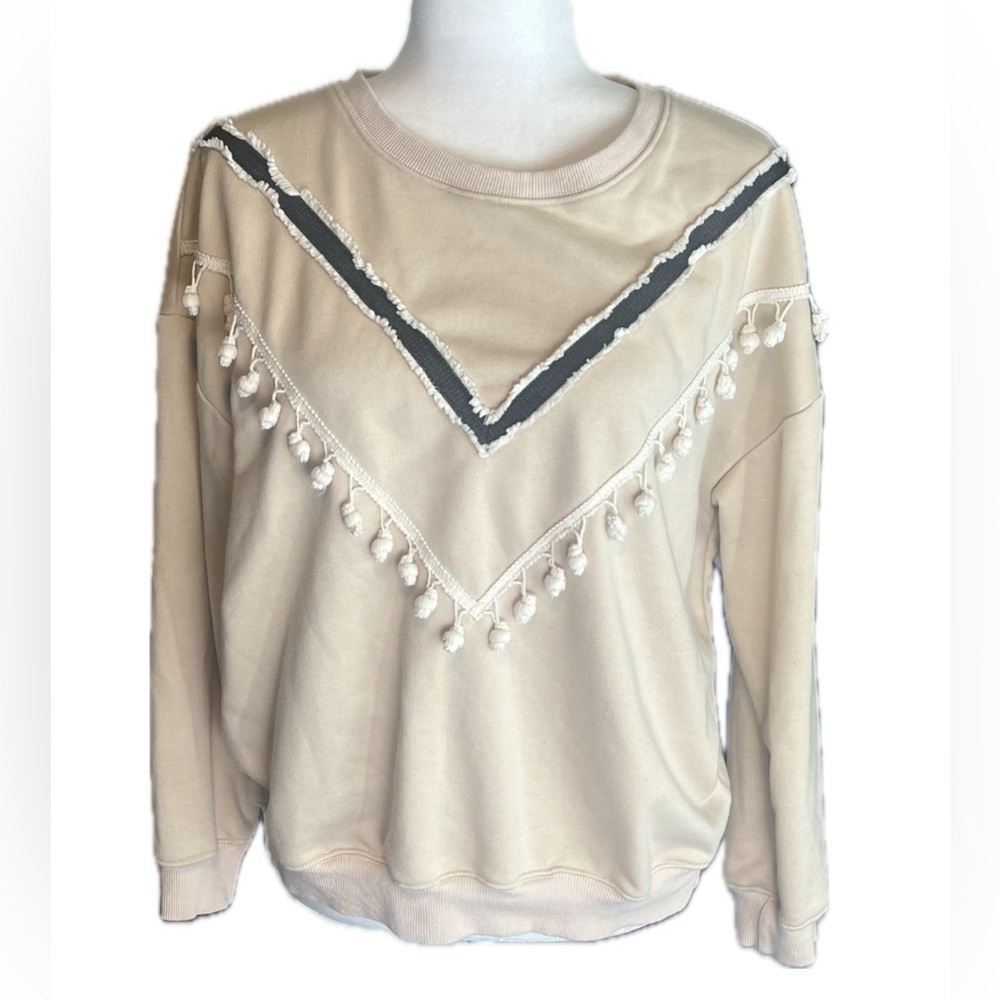 Fab’rik tan pullover crewneck sweatshirt pompon design neutral sweater top small